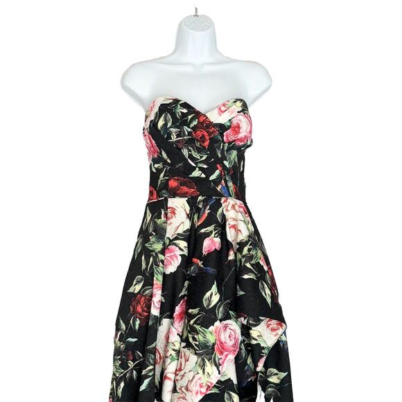 Sherri Hill Formal Gown Size 14 Black Red Floral Strapless High-Low Train - Picture 3 of 12